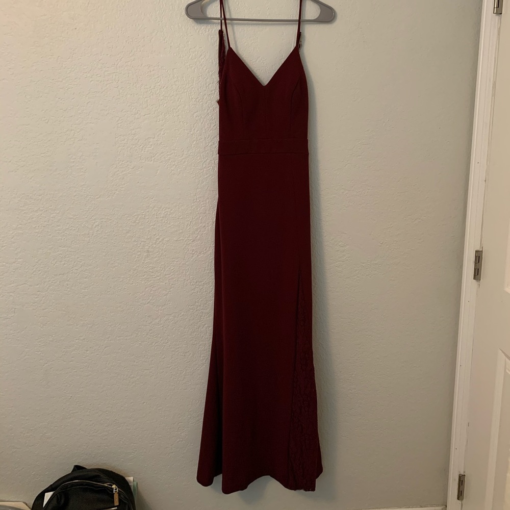 Burgundy long lace back dress